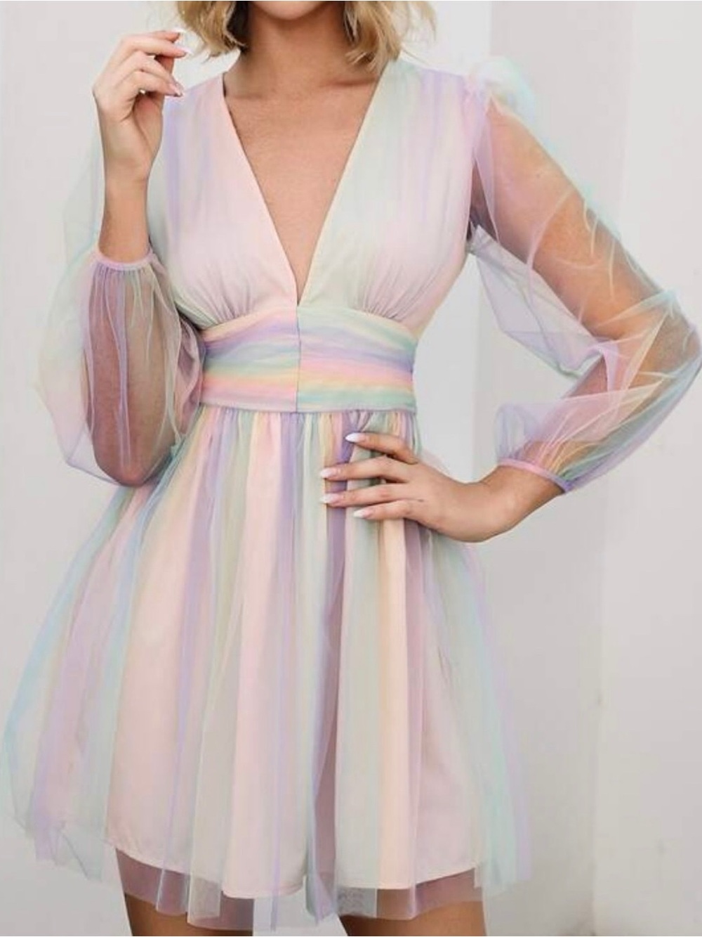 Pastel Rainbow Mesh V-Neck Mini Dress - Women's